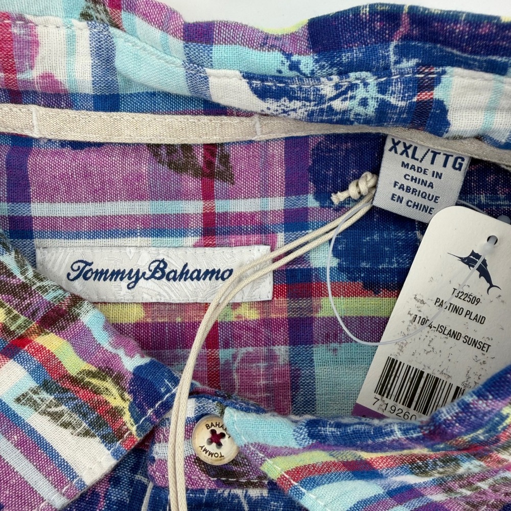 Tommy Bahama Shirt Mens XXL Multicolor Pastino Plaid Floral Linen Cotton - Picture 5 of 8